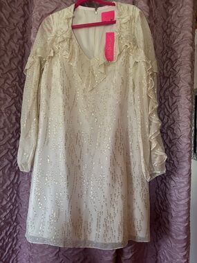 Lilly Pulitzer Cream Dress with Gold Threading and Pink Label NWT